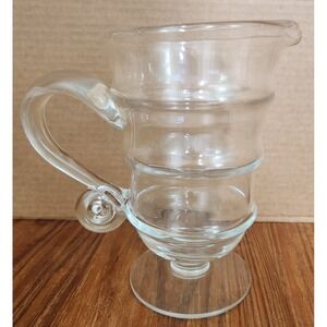 Vintage Hand Blown Rippled Glass Pitcher Vase Swirl Handle Clear Farmhouse Juice